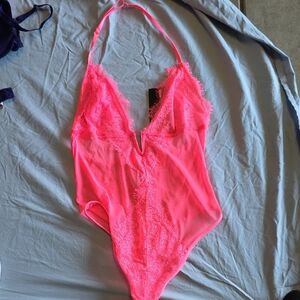 Fashion Nova Neon Pink Lace Bodysuit